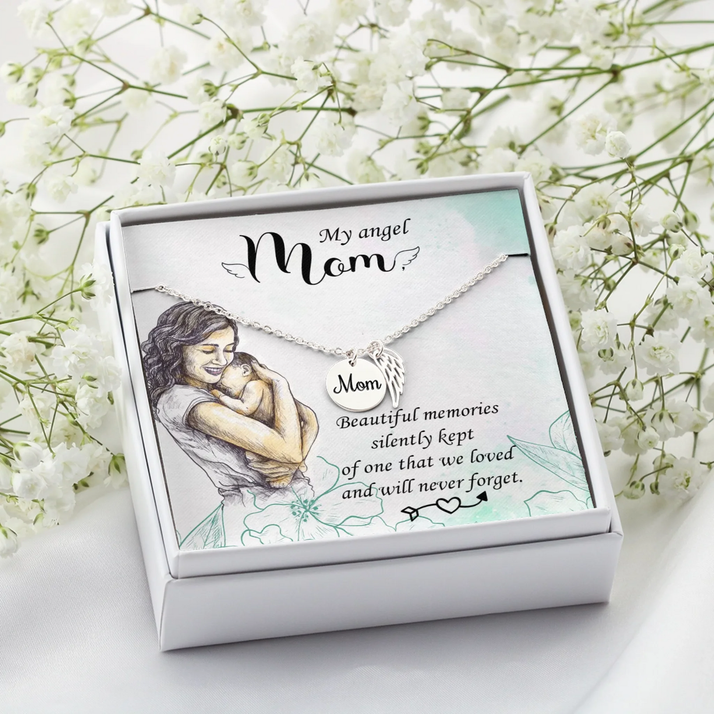Mom Remembrance Necklace - Beautiful Memories - Angel Wing Mom Necklace - Personalize Memories