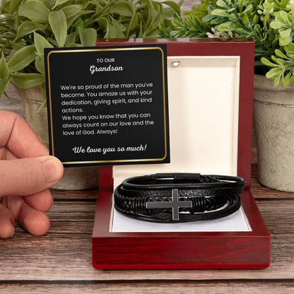 To Our Grandson – Holiday, Birthday, Graduation Gift – Men's Cross Bracelet - Personalize Memories