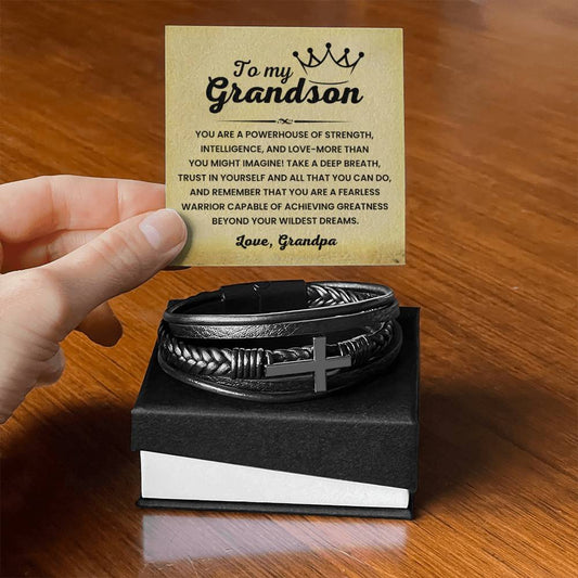 To My Grandson – Graduation, Holiday Gift from Grandpa – Men's Cross Bracelet - Personalize Memories