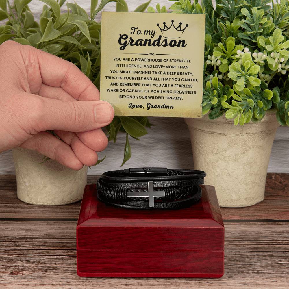 To My Grandson – Graduation, Holiday Gift from Grandma – Men's Cross Bracelet - Personalize Memories