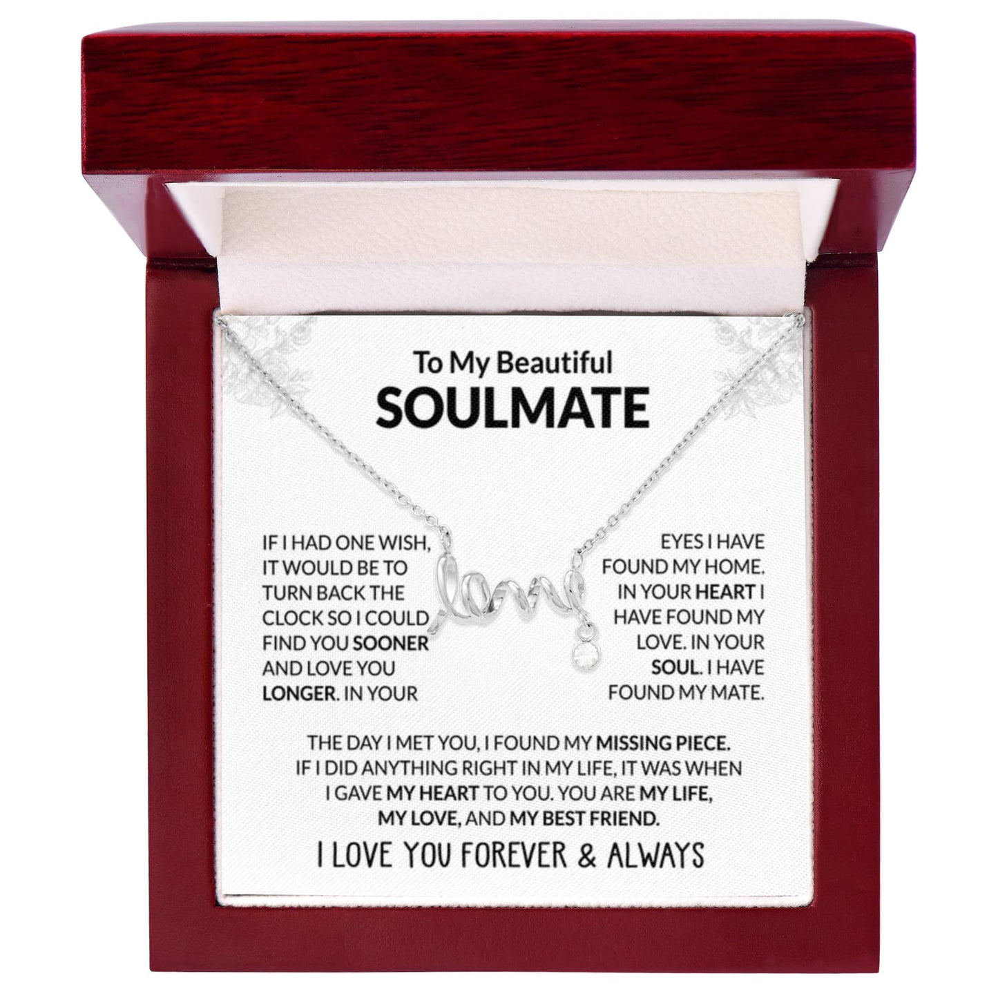 To My Beautiful Soulmate Necklace - Romantic Necklace Gift for Her for Valentine’s Day & Special Occasions - Scripted Love Necklace - Personalize Memories