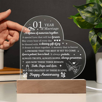 One Year Anniversary Gift - Romantic Gift for Couples - 1 Year Of Marriage Acrylic Heart Plaque - Personalize Memories