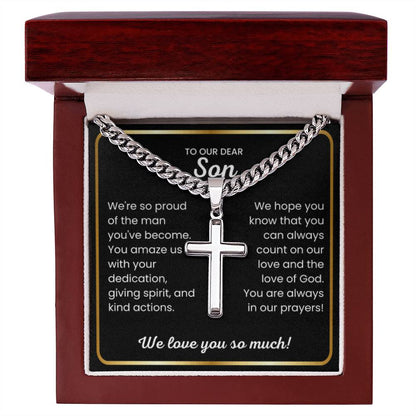 To Our Dear Son - We love you so much - Gift for Son from Mom and Dad - Artisan Cross with Cuban Link Chain - Personalize Memories