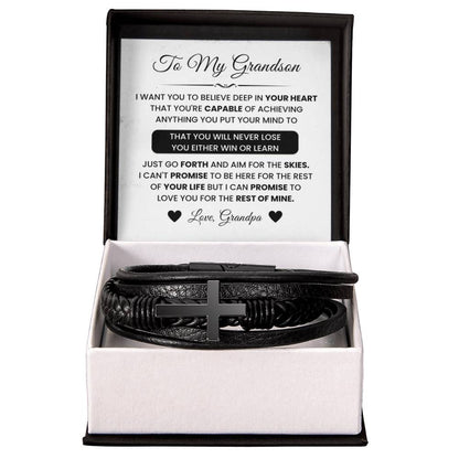 To My Grandson Gift from Grandpa - You Either Win Or Learn - Men's Cross Bracelet - Personalize Memories