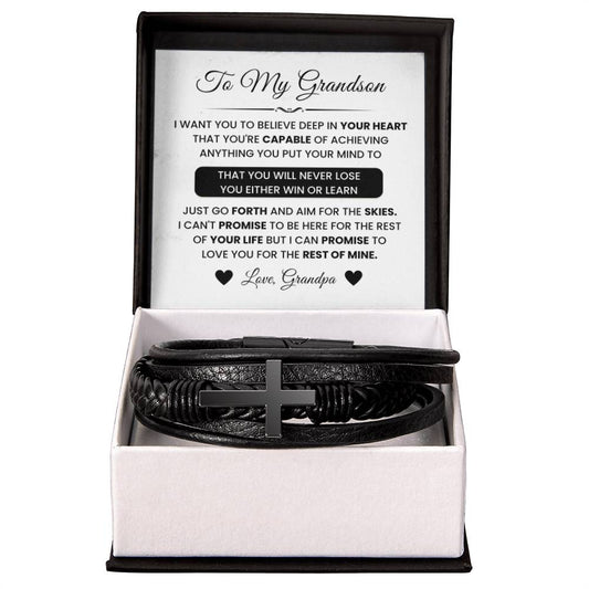 To My Grandson Gift from Grandpa - You Either Win Or Learn - Men's Cross Bracelet - Personalize Memories