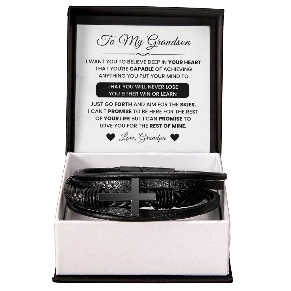 To My Grandson Gift from Grandpa - You Either Win Or Learn - Men's Cross Bracelet - Personalize Memories
