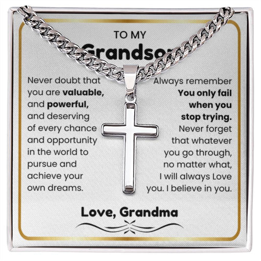 To My Grandson - I believe in you - Grandson Gift from Grandma - Artisan Cross with Cuban Link Chain