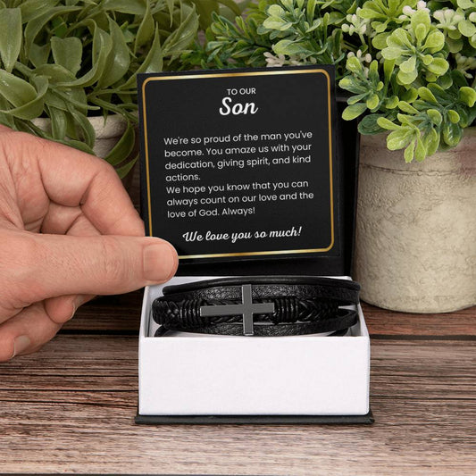 To Our Son Bracelet – Birthday, Graduation, Christmas Gift from Parents – Men’s Cross Bracelet - Personalize Memories