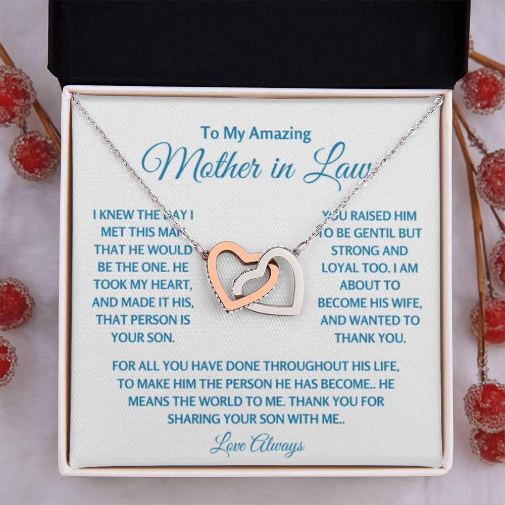 To My Amazing Mother In Law - Gift for MIL - Thank you for sharing your son with me - Interlocking Hearts Necklace - Personalize Memories