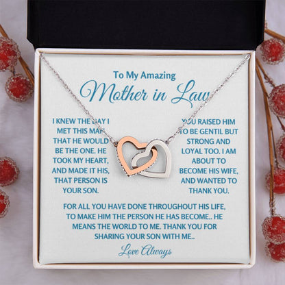 To My Amazing Mother In Law - Gift for MIL - Thank you for sharing your son with me - Interlocking Hearts Necklace - Personalize Memories