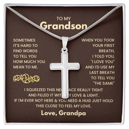 To My Grandson - Just hold this close to feel my love - Grandson Gift from Grandpa - Artisan Cross Necklace - Personalize Memories
