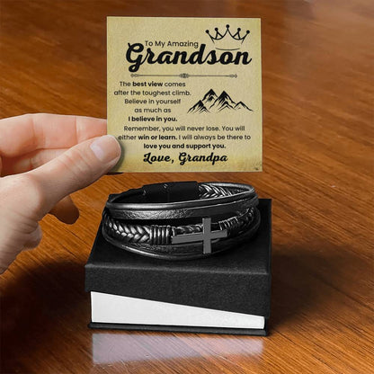 Grandson Gift from Grandfather – Christmas, Graduation, Birthday – Men's Cross Bracelet - Personalize Memories