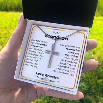 To My Grandson - I believe in you - Grandson Gift from Grandpa - Artisan Cross Necklace - Personalize Memories