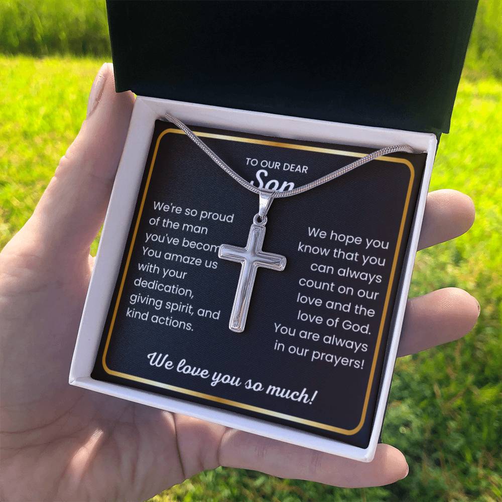 To Our Dear Son - We love you so much - Gift for Son from Mom and Dad - Artisan Cross Necklace - Personalize Memories