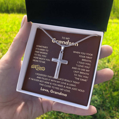 To My Grandson - Just hold this close to feel my love - Grandson Gift from Grandma - Artisan Cross Necklace - Personalize Memories