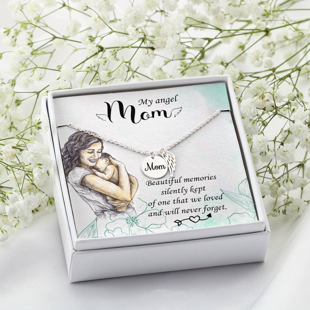 Mom Remembrance Necklace - Beautiful Memories - Angel Wing Mom Necklace