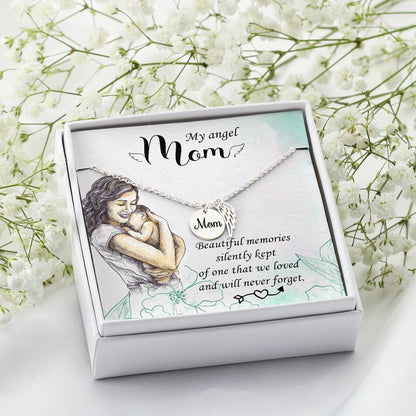 Mom Remembrance Necklace - Beautiful Memories - Angel Wing Mom Necklace