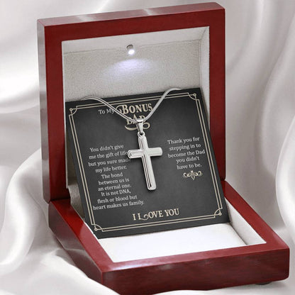 To My Bonus Dad - Artisan Cross Necklace Gift for Him - Personalize Memories