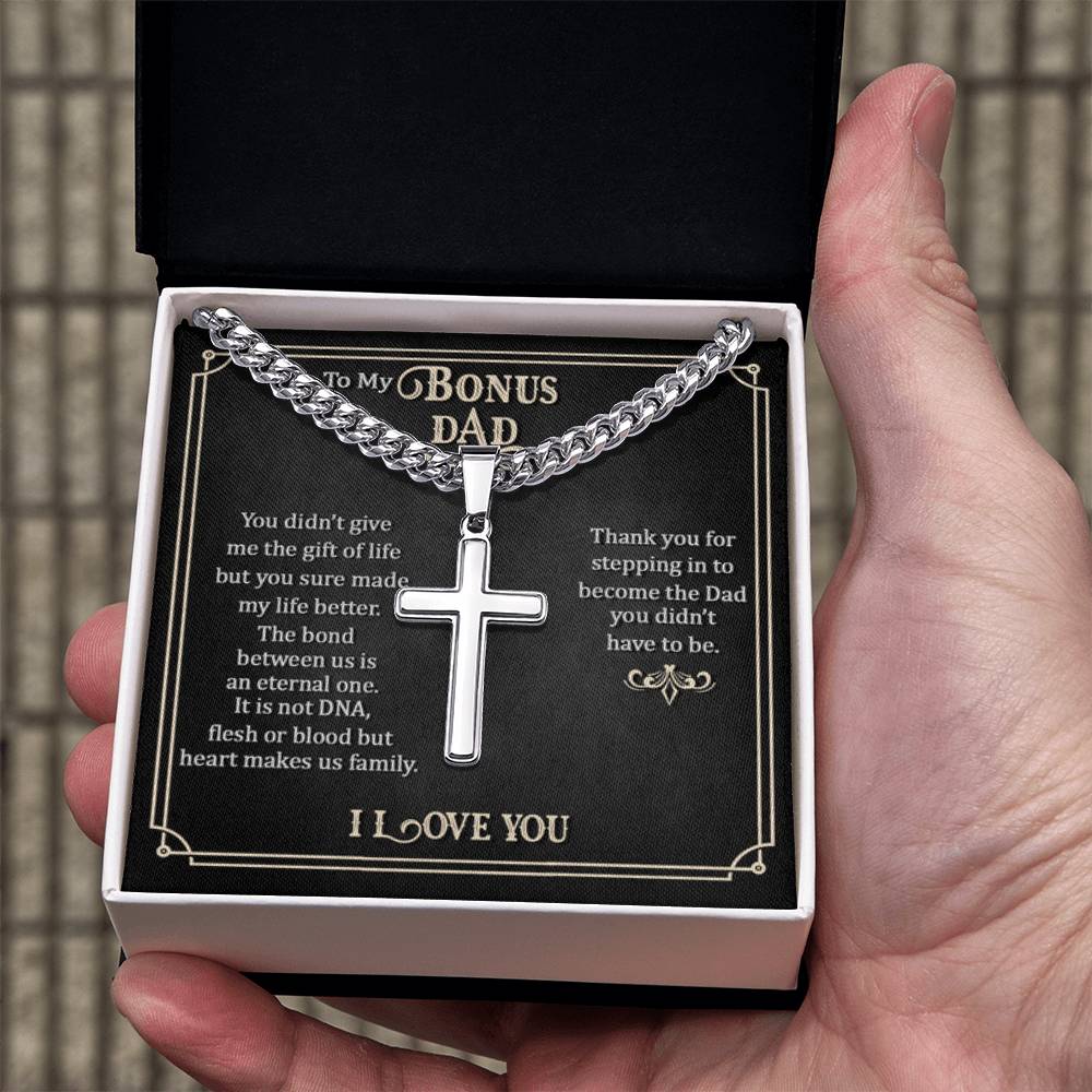 To My Bonus Dad - Artisan Cross with Cuban Link Chain Gift for Him - Personalize Memories