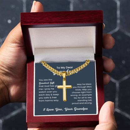 To Dear My Grandson - You are the greatest gift - Gift for Grandson from Grandpa - Artisan Cross with Cuban Link Chain - Personalize Memories
