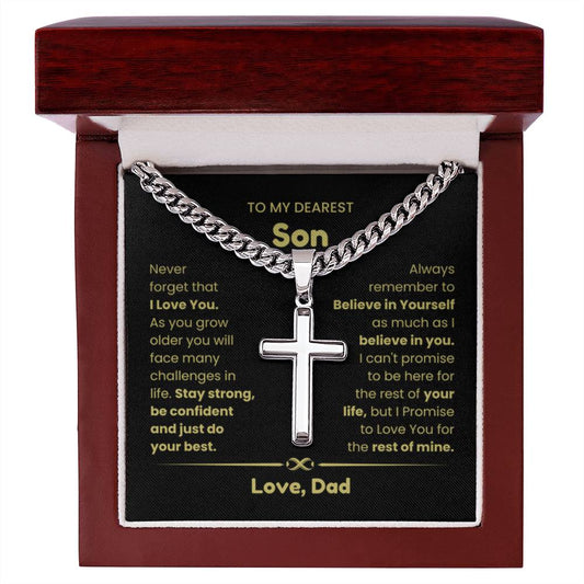 To My Son - As you grow older you will face many challenges in life - Son Gift from Dad - Artisan Cross with Cuban Link Chain - Personalize Memories