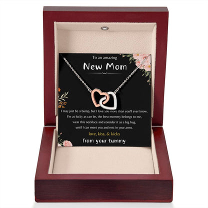 To An Amazing New Mom - Love Kiss & Kicks from Your Tummy- Interlocking Hearts Necklace - New Mom Gift - Personalize Memories
