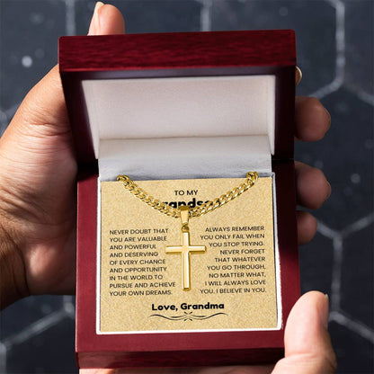 To My Grandson - Gift for Grandson from Grandpa - I will always love you - Artisan Cross with Cuban Link Chain - Personalize Memories