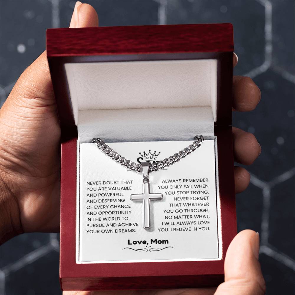 To My Son - Gift for Son from Mom - I will always love you - Artisan Cross with Cuban Link Chain - Personalize Memories