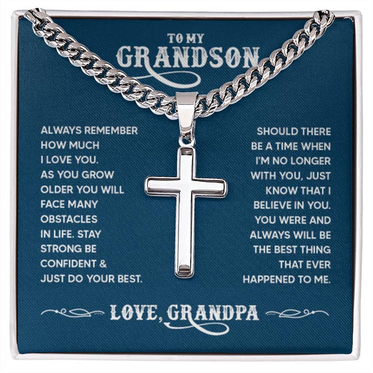 To My Grandson - Always remember how much I love you Dad - Artisan Cross with Cuban Link Chain - Personalize Memories