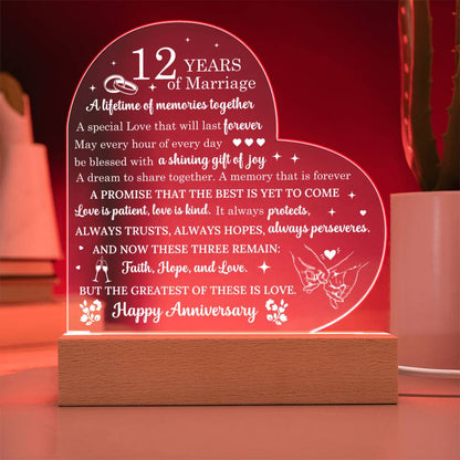 12 Year Anniversary Gift - Romantic Gift for Couples - 12 Years Of Marriage Acrylic Heart Plaque - Personalize Memories
