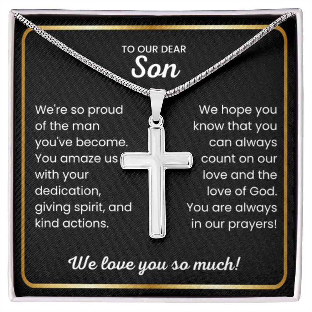 To Our Dear Son - We love you so much - Gift for Son from Mom and Dad - Artisan Cross Necklace - Personalize Memories