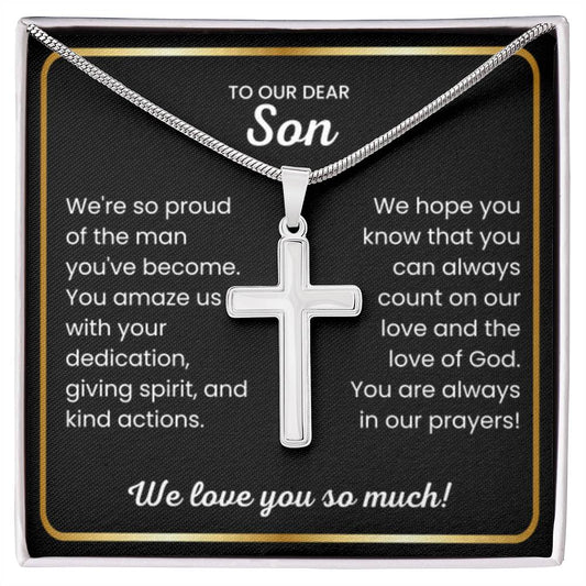 To Our Dear Son - We love you so much - Gift for Son from Mom and Dad - Artisan Cross Necklace - Personalize Memories