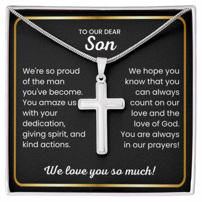To Our Dear Son - We love you so much - Gift for Son from Mom and Dad - Artisan Cross Necklace - Personalize Memories