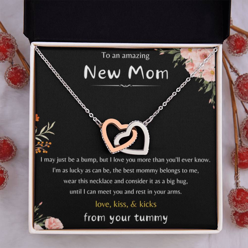 To An Amazing New Mom - Love Kiss & Kicks from Your Tummy- Interlocking Hearts Necklace - New Mom Gift - Personalize Memories
