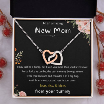 To An Amazing New Mom - Love Kiss & Kicks from Your Tummy- Interlocking Hearts Necklace - New Mom Gift - Personalize Memories