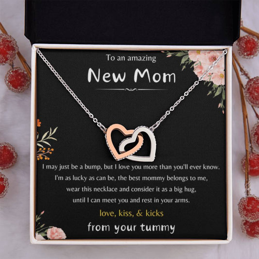 To An Amazing New Mom - Love Kiss & Kicks from Your Tummy- Interlocking Hearts Necklace - New Mom Gift - Personalize Memories