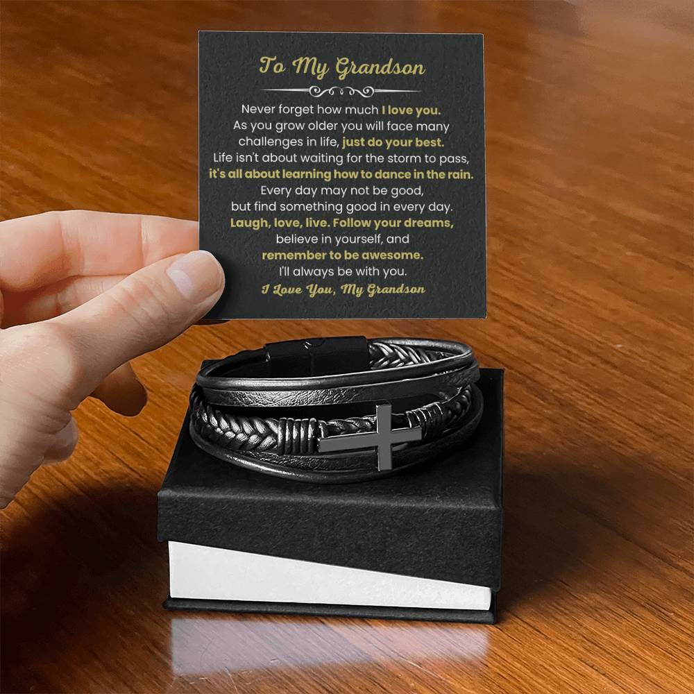 To My Grandson Bracelet - Gift for Grandson - It's all about learning how to dance in the rain - Men's Cross Bracelet - Personalize Memories