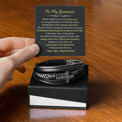 To My Grandson Bracelet - Gift for Grandson - It's all about learning how to dance in the rain - Men's Cross Bracelet - Personalize Memories