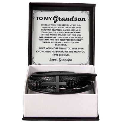 To My Grandson – Graduation, Birthday, Holiday Gift from Grandpa – Men's Cross Bracelet - Personalize Memories