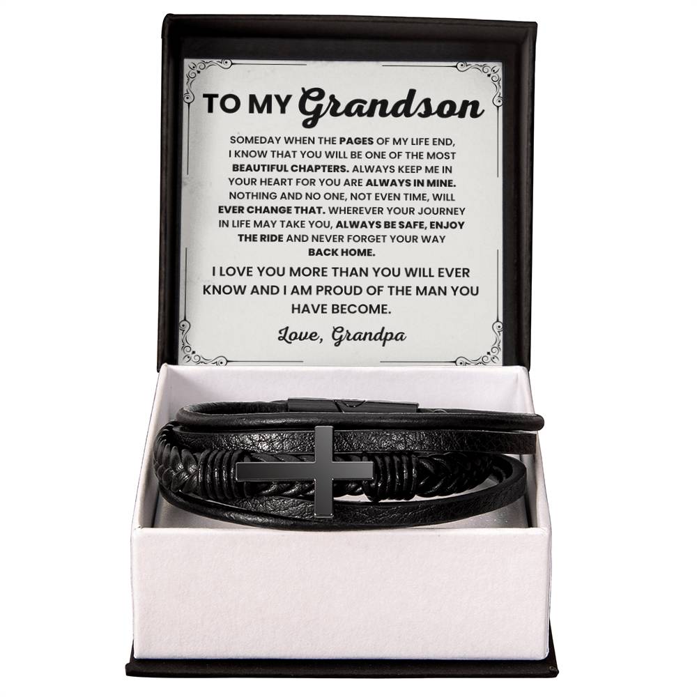 To My Grandson – Graduation, Birthday, Holiday Gift from Grandpa – Men's Cross Bracelet - Personalize Memories