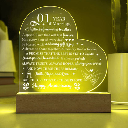 One Year Anniversary Gift - Romantic Gift for Couples - 1 Year Of Marriage Acrylic Heart Plaque - Personalize Memories