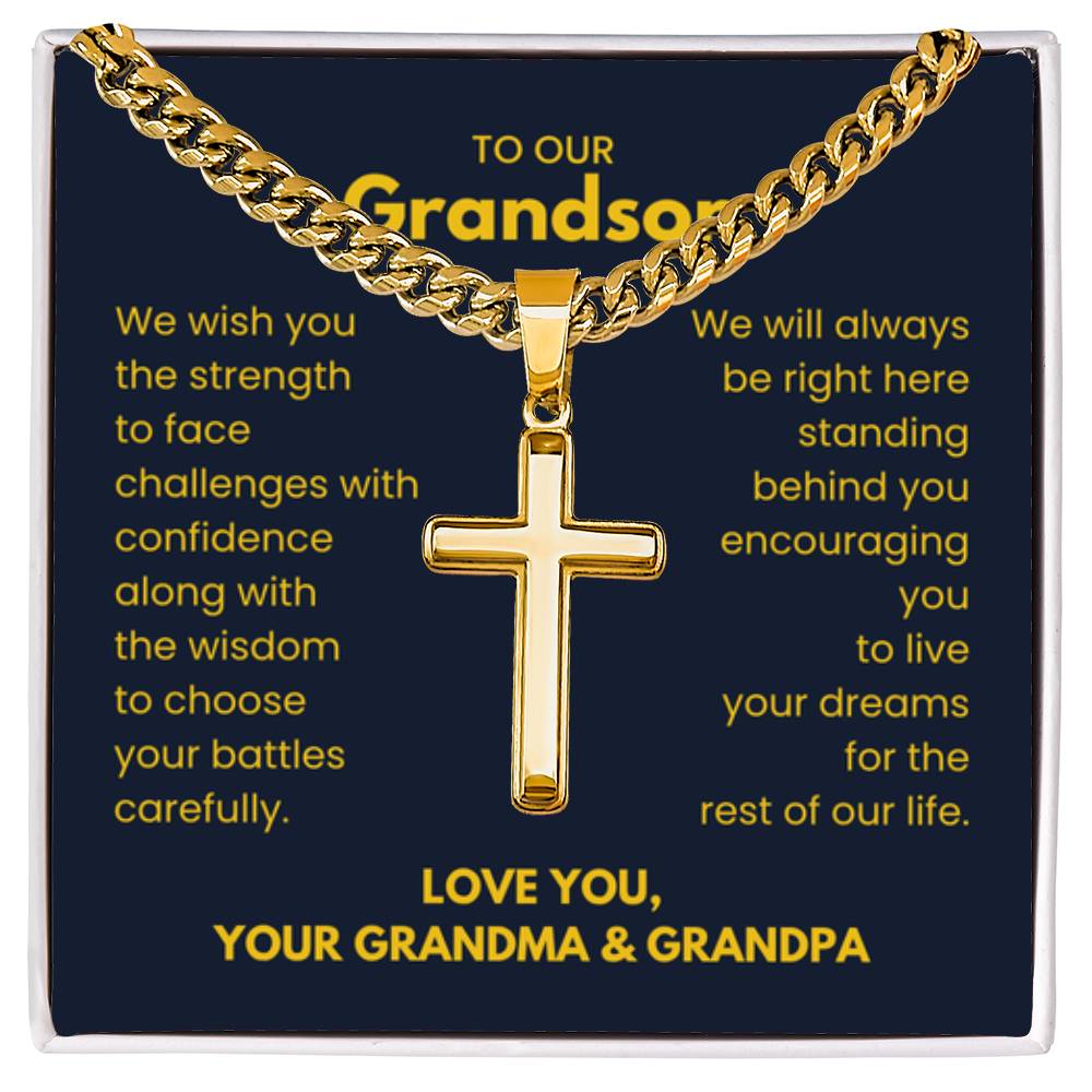 To Our Grandson - Grandson Gift from Grandma and Grandpa - Artisan Cross with Cuban Link Chain - Personalize Memories