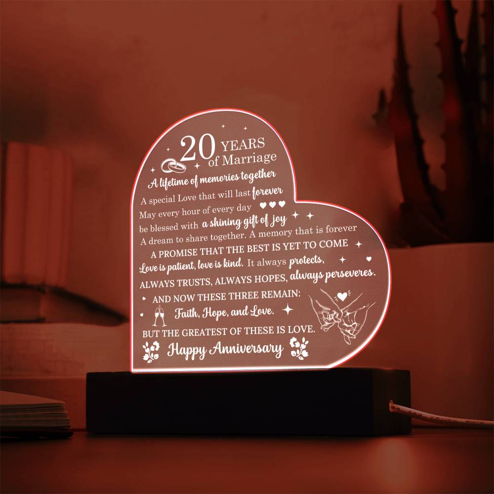 20 Year Anniversary Gift - Romantic Gift for Couples - 20 Years Of Marriage Acrylic Heart Plaque