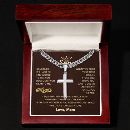 To My Son - Just hold this close to feel my love - Son Gift from Mom - Artisan Cross with Cuban Link Chain - Personalize Memories