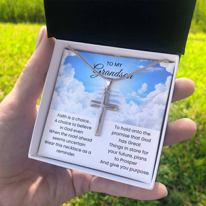 To My Grandson - Faith is a choice - Religious Gift for Grandson - Artisan Cross Necklace - Personalize Memories
