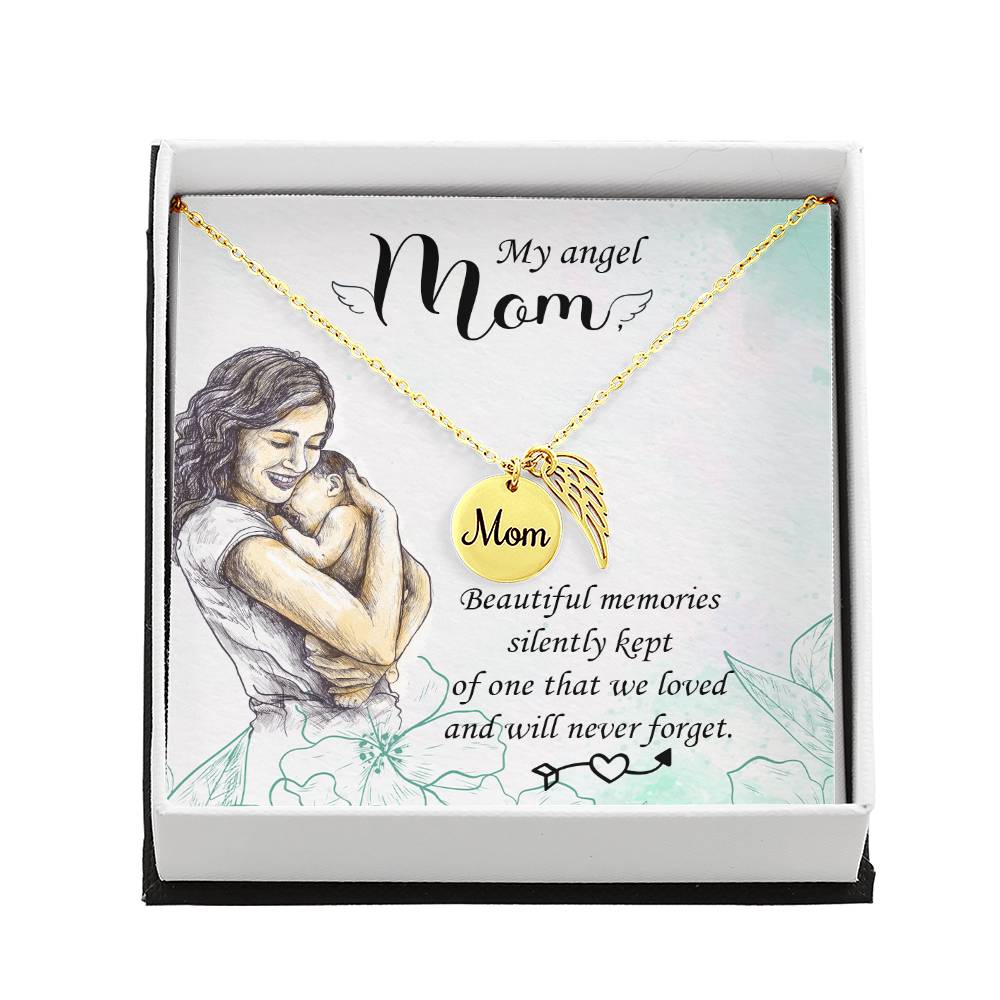 Mom Remembrance Necklace - Beautiful Memories - Angel Wing Mom Necklace