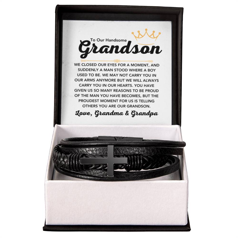 To Our Grandson – Holiday, Birthday, Graduation Gift from Grandma and Grandpa – Men's Cross Bracelet - Personalize Memories