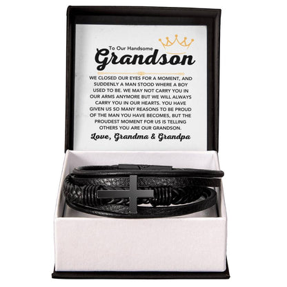 To Our Grandson – Holiday, Birthday, Graduation Gift from Grandma and Grandpa – Men's Cross Bracelet - Personalize Memories