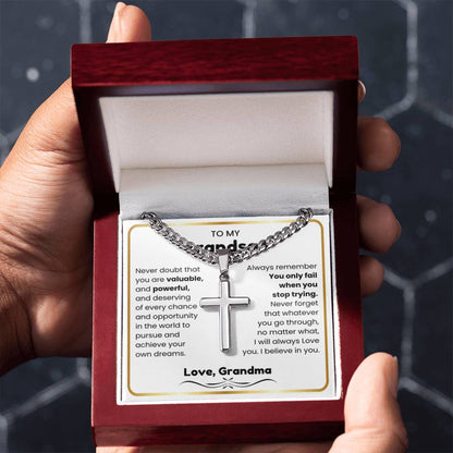 To My Grandson - I believe in you - Grandson Gift from Grandma - Artisan Cross with Cuban Link Chain - Personalize Memories