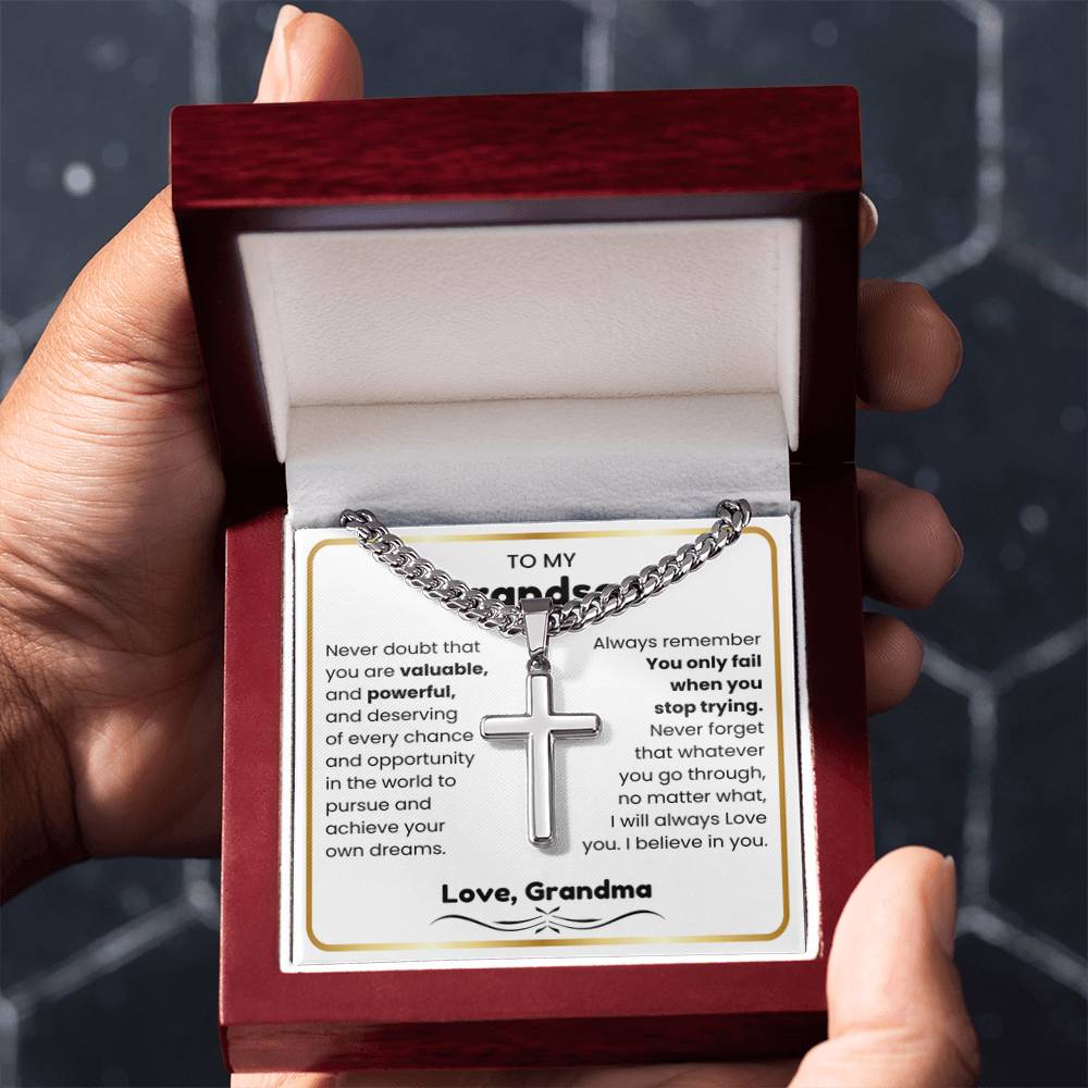 To My Grandson - I believe in you - Grandson Gift from Grandma - Artisan Cross with Cuban Link Chain - Personalize Memories
